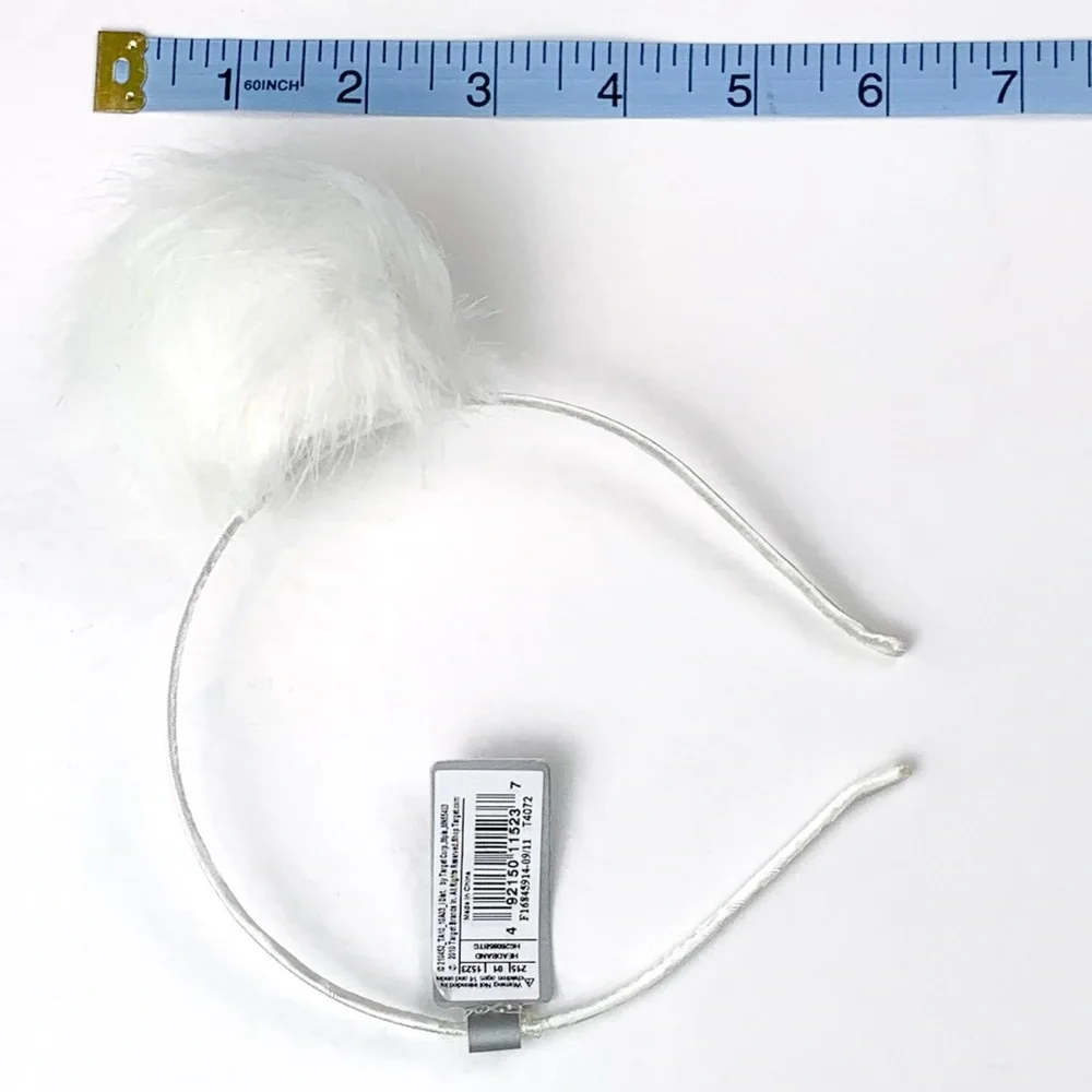 Pom pom headband white satin covered band with faux fur pom NWT